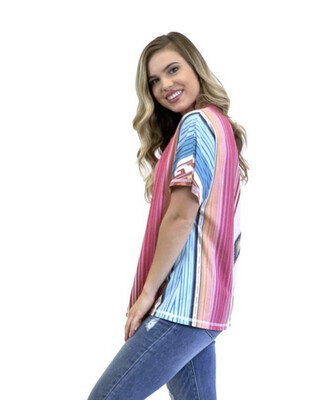 Shirt-Pink Aztec Print V-Neck Shirt In Vertical Strip And Design