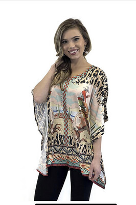 Shirt-Leopard Print With Bucking Bronco Western Design On Poncho Style Shift.