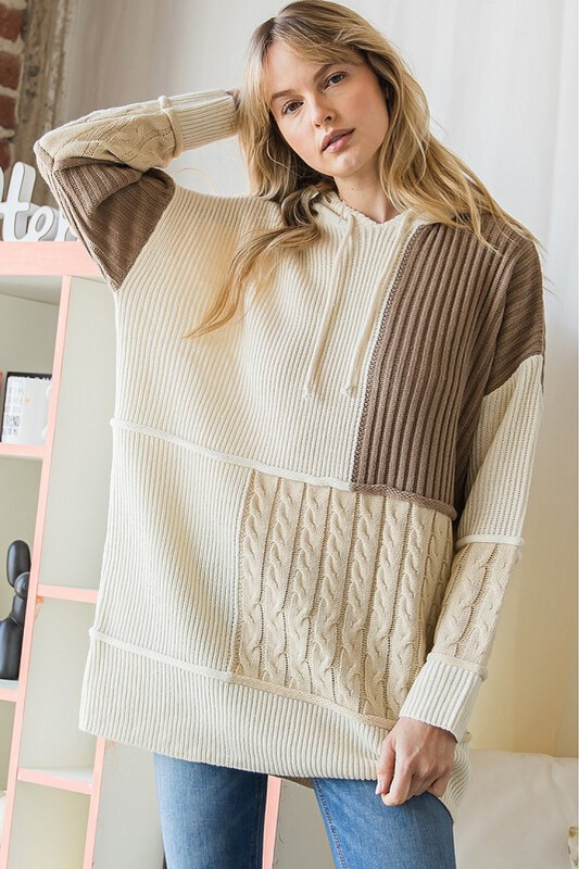 Sweater-plus Taupe Multi Color Block Sweater Hoodie. 100% Acrylic