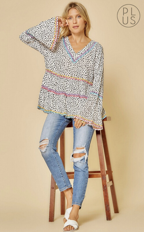 Shirt-Plus-Multi Colored Leopard printed babydoll top with v neckline and bell sleeves. Easy blouse to wear! Non sheer, woven 100% Rayon
