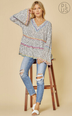 Shirt-Plus-Multi Colored Leopard printed babydoll top with v neckline and bell sleeves. Easy blouse to wear! Non sheer, woven 100% Rayon
