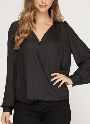 Shirt-Black And Slate Green Long Sleeve Front Surplice Satin Jacquard Top With Same Color Hint Of Leopard.  Model Is 5’8 Wearing A Small.  75% Polyester And 25% Rayon