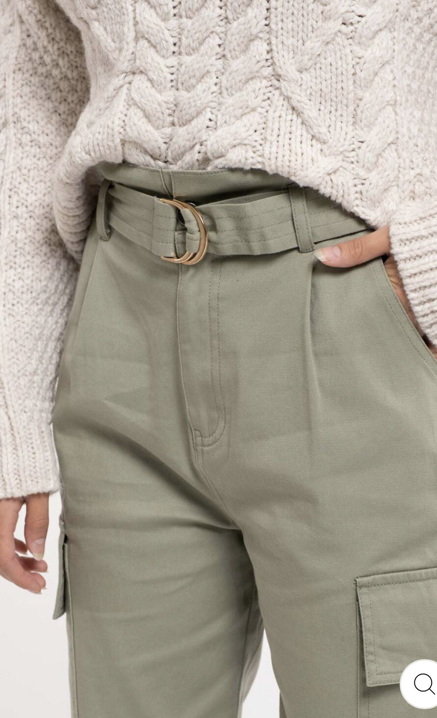 Pants-Olive And Cream Belted High Waisted Cargo Pants With Side Pockets And Cinched Hem. 100% Cotton