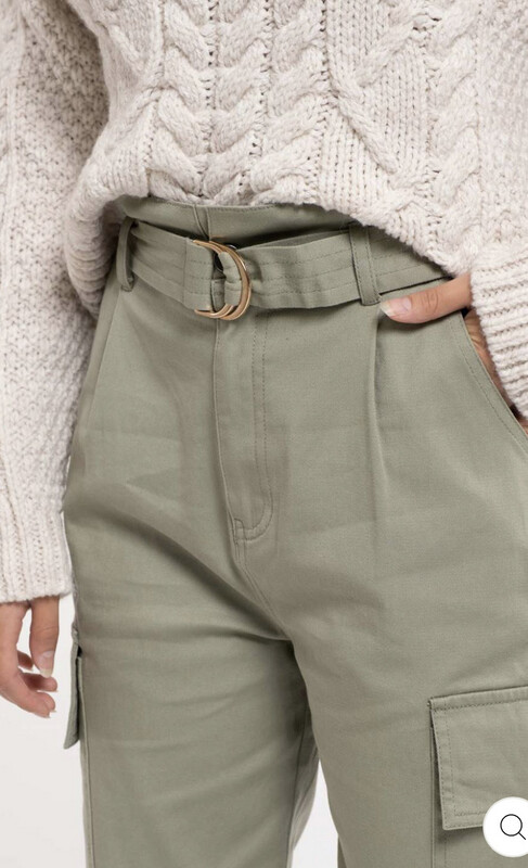 Pants-Olive And Cream Belted High Waisted Cargo Pants With Side Pockets And Cinched Hem. 100% Cotton