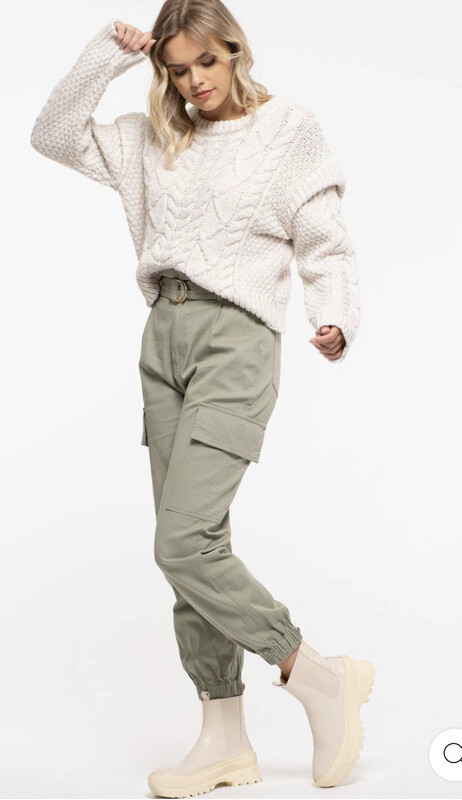 Pants-Olive And Cream Belted High Waisted Cargo Pants With Side Pockets And Cinched Hem. 100% Cotton