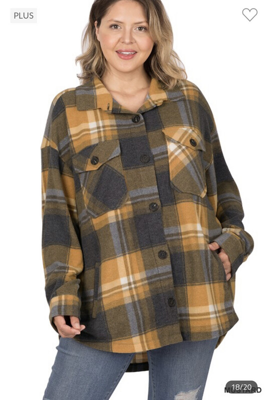 Shirt-Plaid Shacket In Plus And Regular Size With Pockets. Orange, Green, Brown, Red And Gray Plaid. 