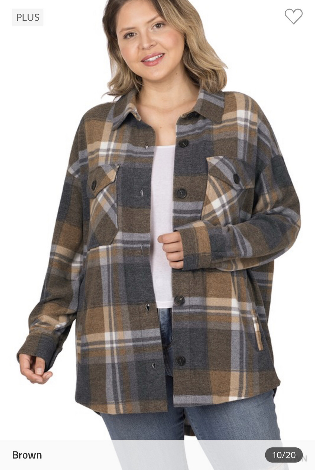Shirt-Plaid Shacket In Plus And Regular Size With Pockets. Orange, Green, Brown, Red And Gray Plaid. 