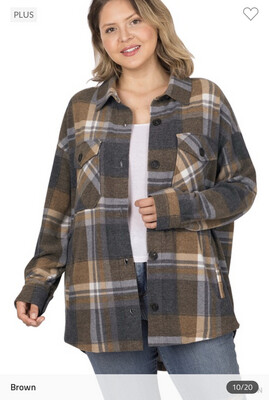 Shirt-Plaid Shacket In Plus And Regular Size With Pockets. Orange, Green, Brown, Red And Gray Plaid. 