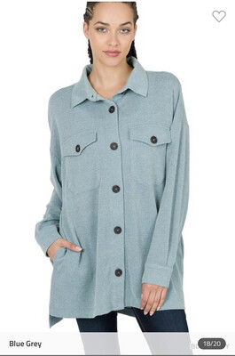 Shirt-Oversized Soft Jackered Shacket In Plus And Regular Size With Pockets. Solid Colors: Rose, Dusty Green, Blue Gray Black And Ash Blue