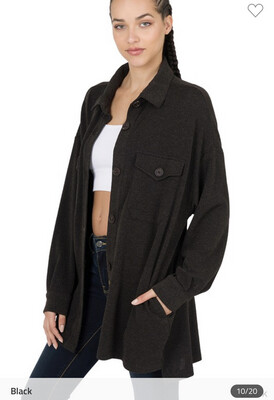 Shirt-Oversized Soft Jackered Shacket In Plus And Regular Size With Pockets. Solid Colors: Rose, Dusty Green, Blue Gray Black And Ash Blue