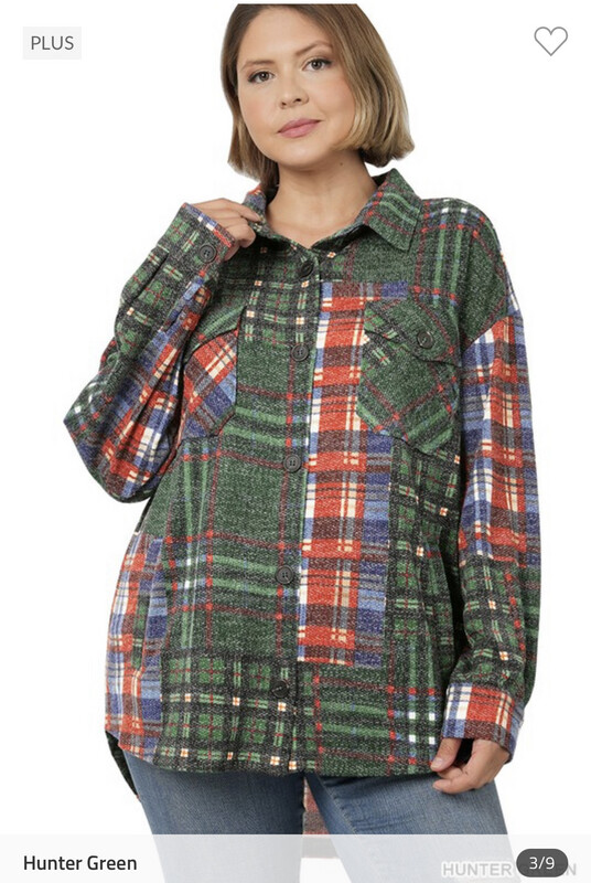 Shirt-Plaid Jacquard Oversized Shacket In Plus And Regular Size With Pockets. Maroon, Blue/hunter Green, Olive Green/orange Plaid. 
