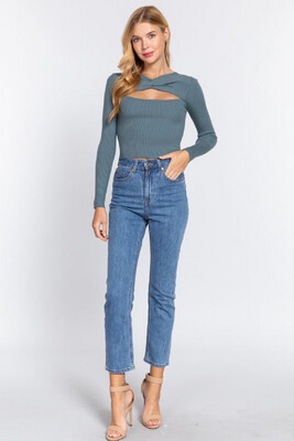 Shirt-Long Sleeve V-Neck  Twisted &amp; Bust Cut Out Detail Sweater In black &amp; Steel Blue