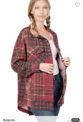 Shirt-Plaid Jacquard Oversized Shacket In Plus And Regular Size With Pockets. Maroon, Blue/hunter Green, Olive Green/orange Plaid. 