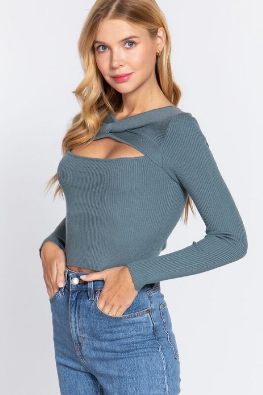 Shirt-Long Sleeve V-Neck  Twisted &amp; Bust Cut Out Detail Sweater In black &amp; Steel Blue