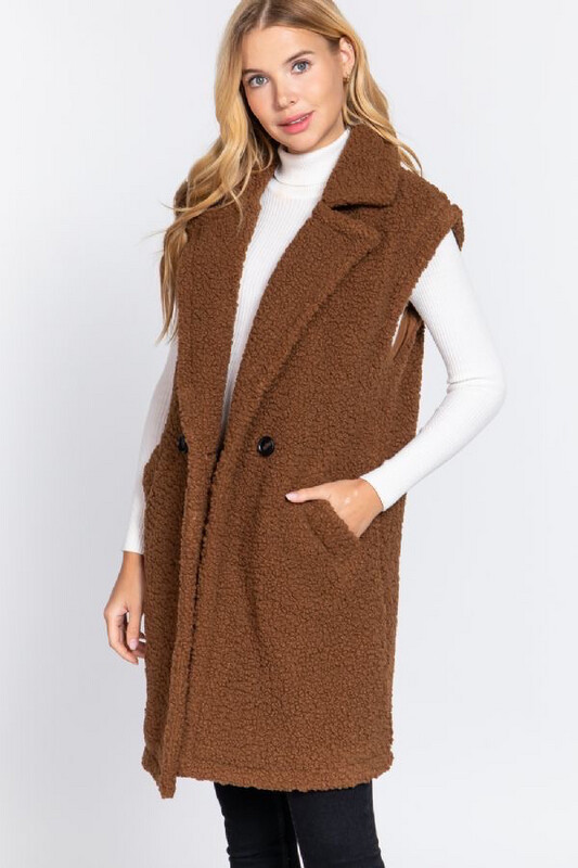 Vest-soft Sherpa Double Button Long Vest In Coco, Camel, Black And Mauve. 