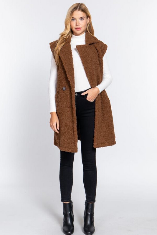Vest-soft Sherpa Double Button Long Vest In Coco, Camel, Black And Mauve. 