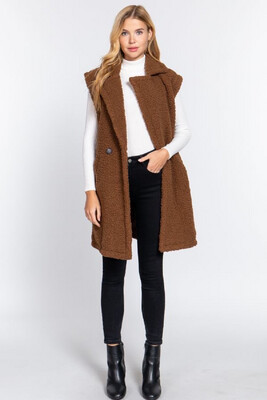 Vest-soft Sherpa Double Button Long Vest In Coco, Camel, Black And Mauve. 