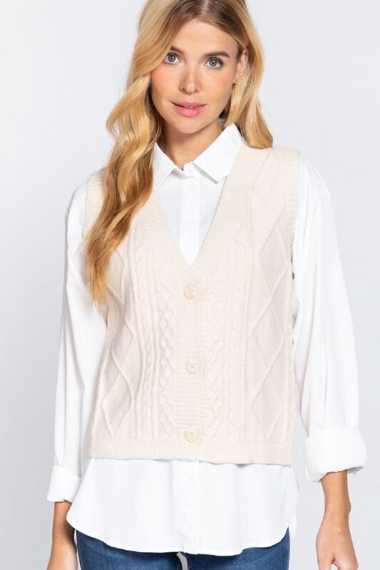 Vest-V-Neck Button Sweater Vest Cardigan In Black, Cream And Tan