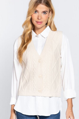Vest-V-Neck Button Sweater Vest Cardigan In Black, Cream And Tan