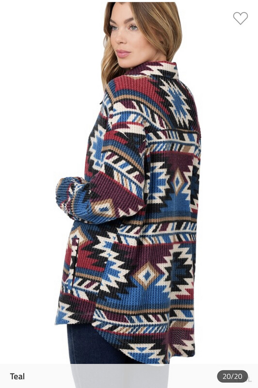 Shirt-Aztec Shacket In Plus And Regular Size With Pockets. Waffle Shackets In Burgundy, Cream, Hunter Green, Black, Magenta, Olive, And Teal. 