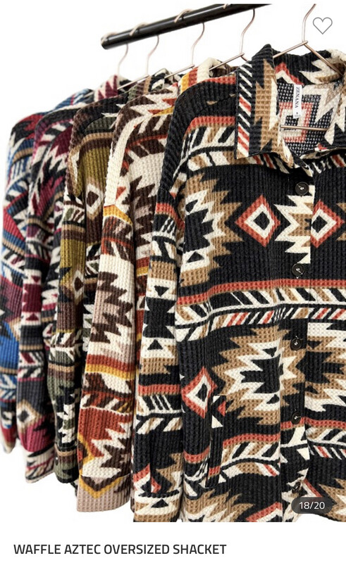 Shirt-Aztec Shacket In Plus And Regular Size With Pockets. Waffle Shackets In Burgundy, Cream, Hunter Green, Black, Magenta, Olive, And Teal. 