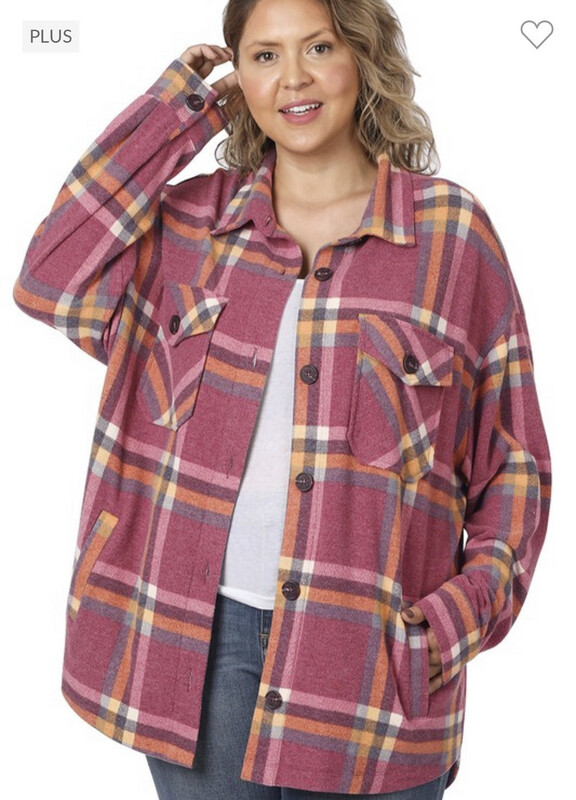 Shirt-Plaid Bright Multi Colored Plaid Shackets In Plus And Regular Size With Pockets. Brown, Black, Burgundy, Deep Camel, And Magneta