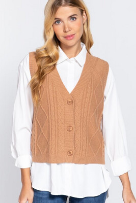 Vest-V-Neck Button Sweater Vest Cardigan In Black, Cream And Tan
