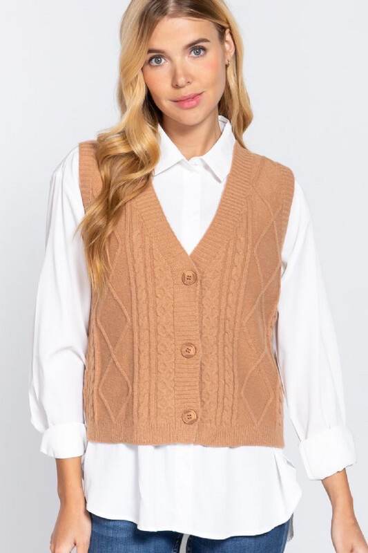 Vest-V-Neck Button Sweater Vest Cardigan In Black, Cream And Tan
