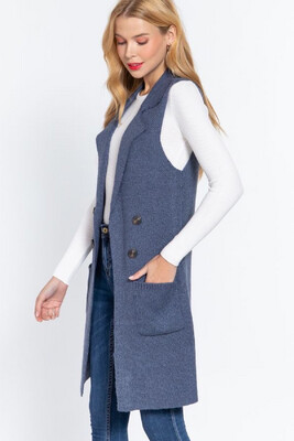 Vest-Sleeveless Notched Collar With Side Pocket Long Vest Small-2XL In Chocolate, Denim Blue, Burgundy, Charcoal Gray, Heather Gray, Heather Khaki, Black And Heather Pink. 