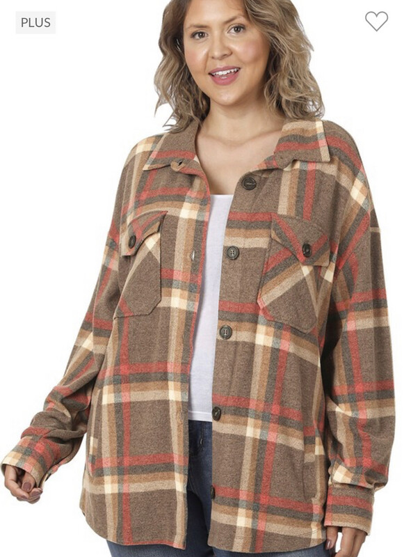 Shirt-Plaid Bright Multi Colored Plaid Shackets In Plus And Regular Size With Pockets. Brown, Black, Burgundy, Deep Camel, And Magneta