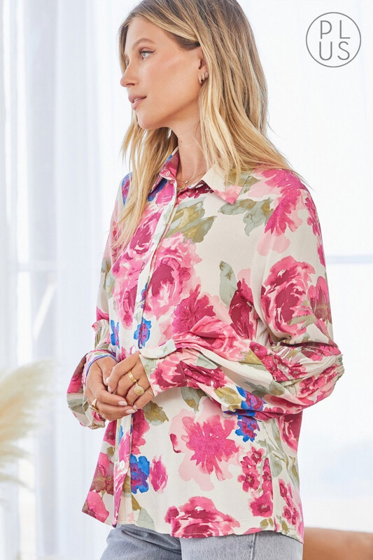 Shirt-Floral Button Front Supple Soft Blouse, Small-3XL
