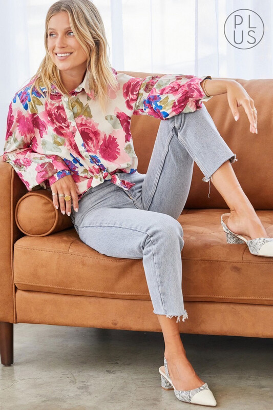 Shirt-Floral Button Front Supple Soft Blouse, Small-3XL