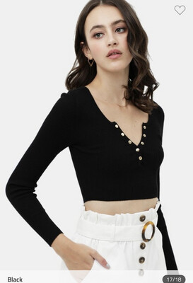 Shirt-Crop Long Sleeve Stretch Top In Cherry Stone And Black With Button Detail At Neckline