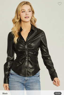 Shirt-Black Pleather Button Up Shirt With Runched Front