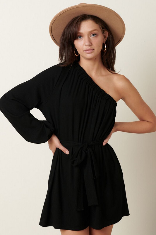 Romper-Black One Shoulder Light Sweater Material With Tie Waist