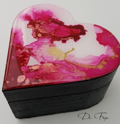 Small wooden heart shaped jewellery box with a decorative lid