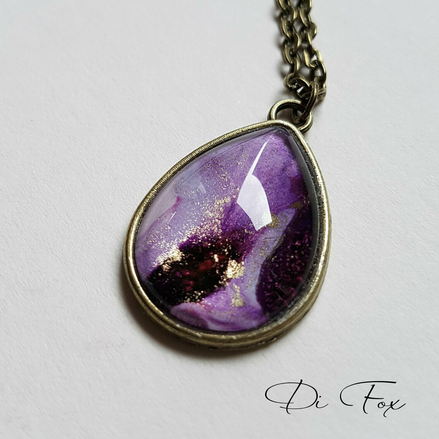 Bronze teardrop pendant & chain in Deep Violet with gold
