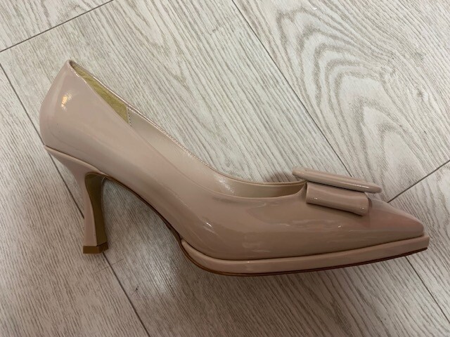 Patent Nude Buckle Toe Heel