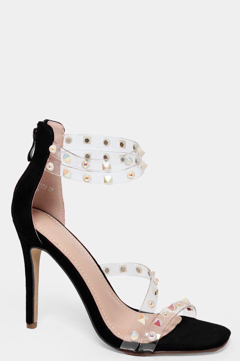 clear ankle strap embellished jewel heels
