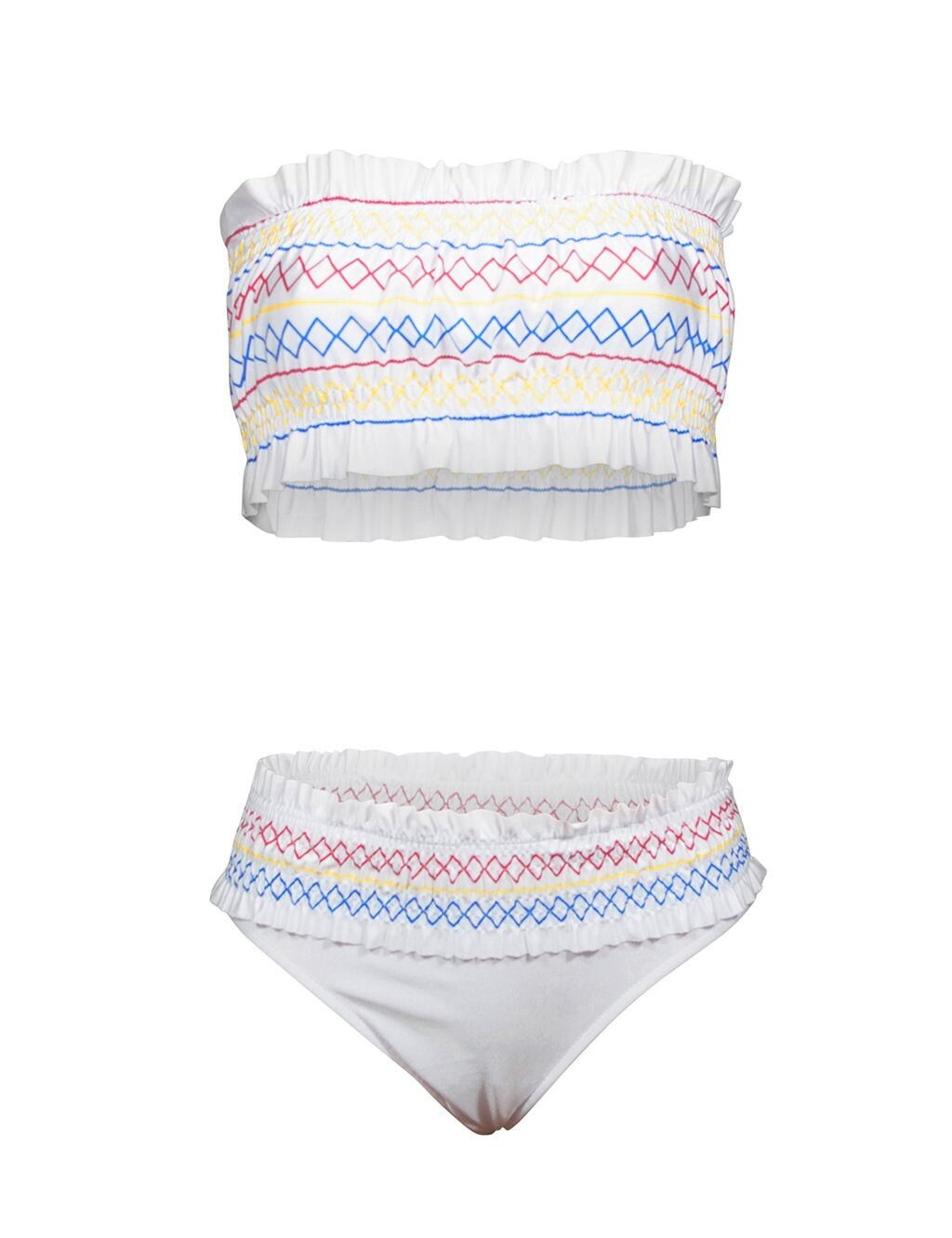 Printed White Sexy Elastic Pleated Wrapped Chest Split Swimsuit Set