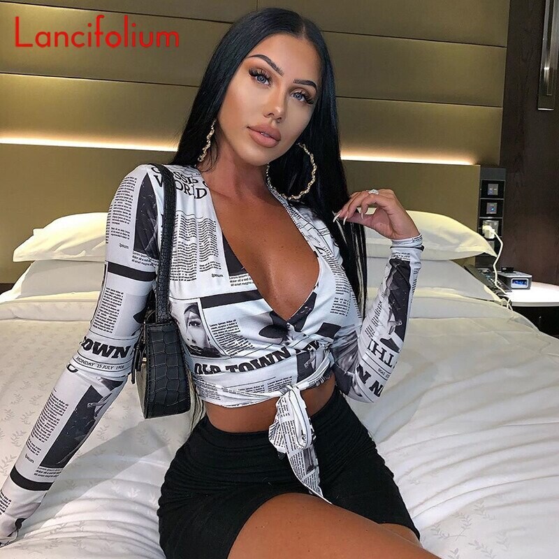 Sexy Tie Front Wrap V Neck Crop Top Long Sleeve Magazine