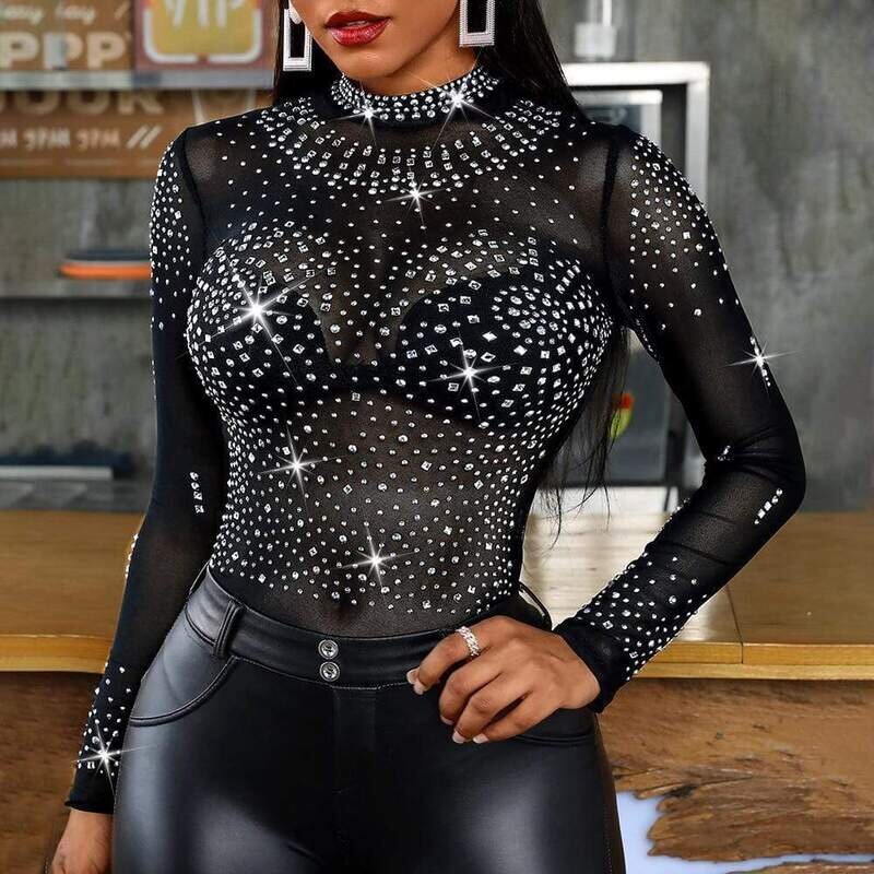 Rhinestone Studded Sheer Mesh Long Sleeve Bodysuit