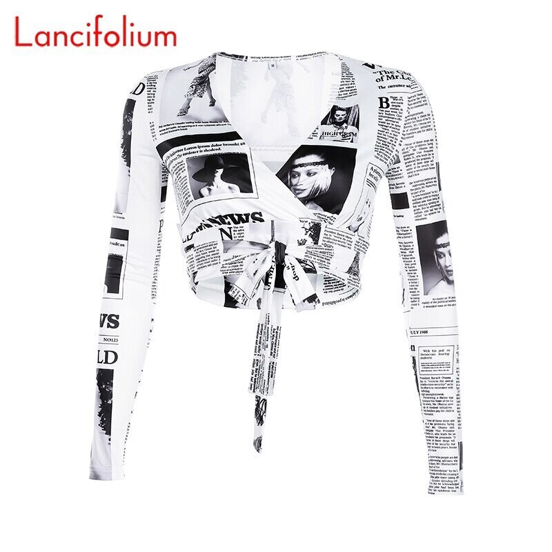 Sexy Tie Front Wrap V Neck Crop Top Long Sleeve Magazine, Color: news paper, Size: L