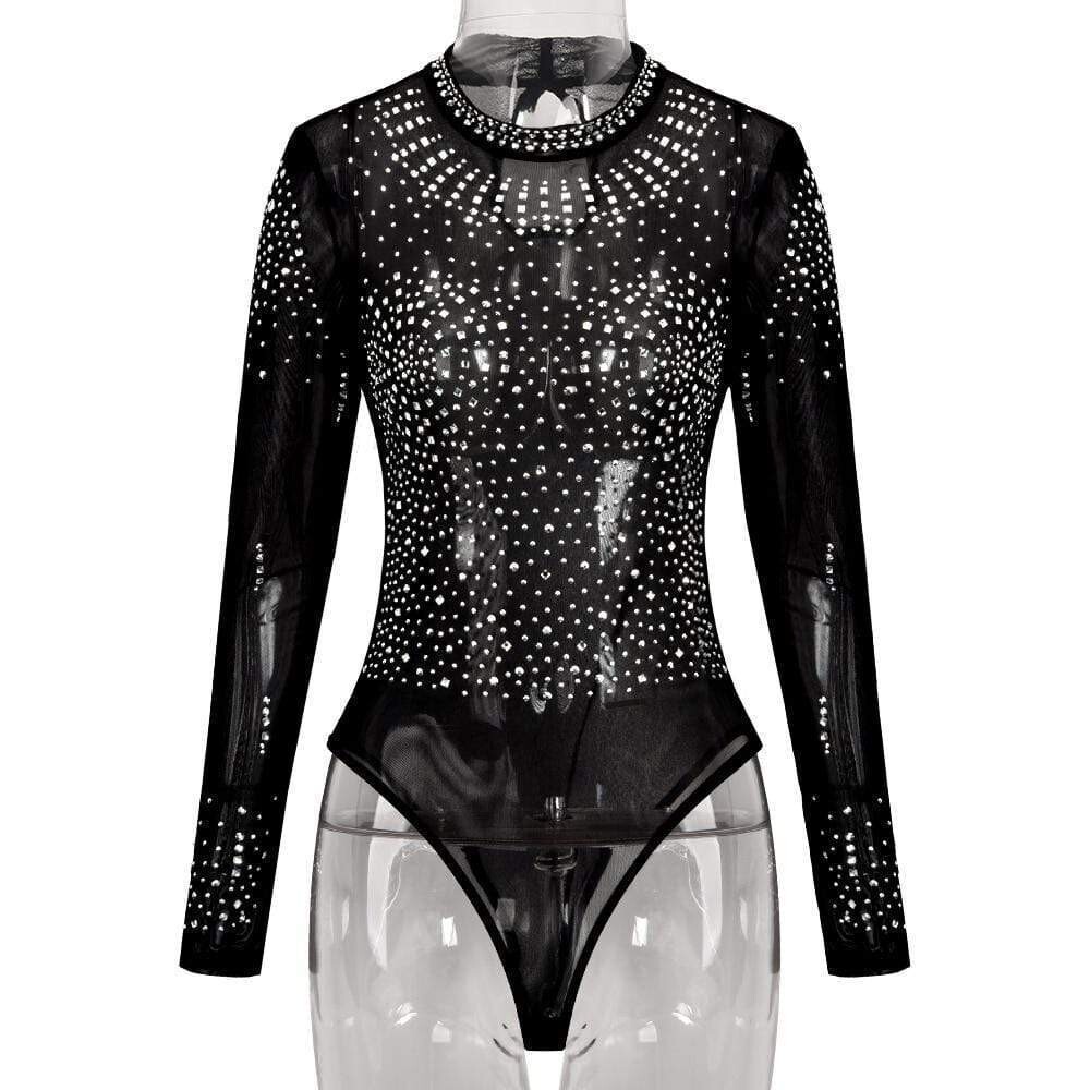 Rhinestone Studded Sheer Mesh Long Sleeve Bodysuit