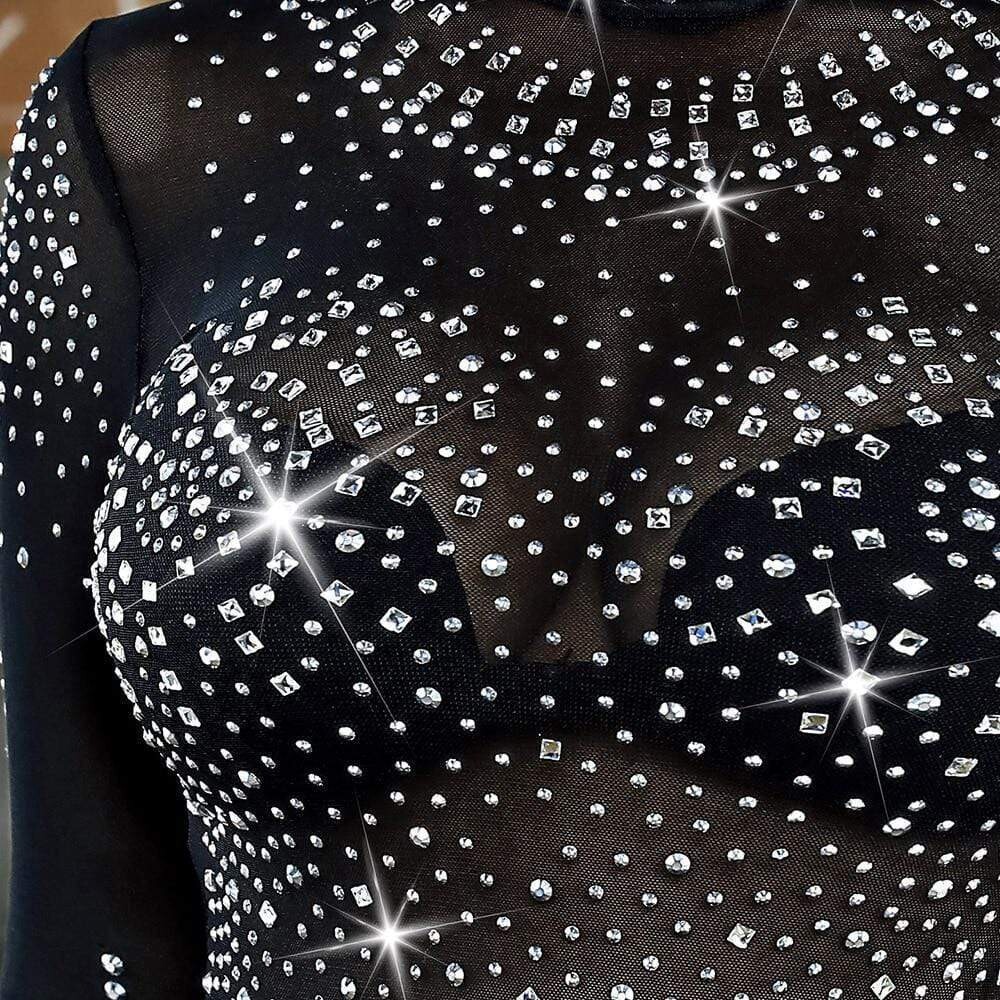 Rhinestone Studded Sheer Mesh Long Sleeve Bodysuit