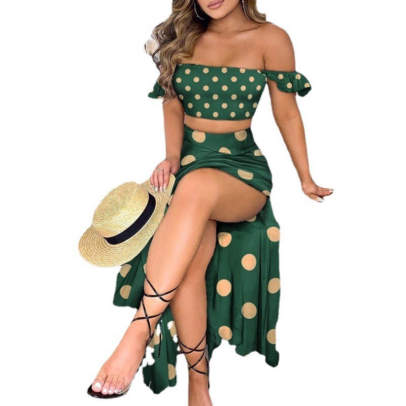 Slim French Bohemian Print Mid-length Retro Tube Top Suit 