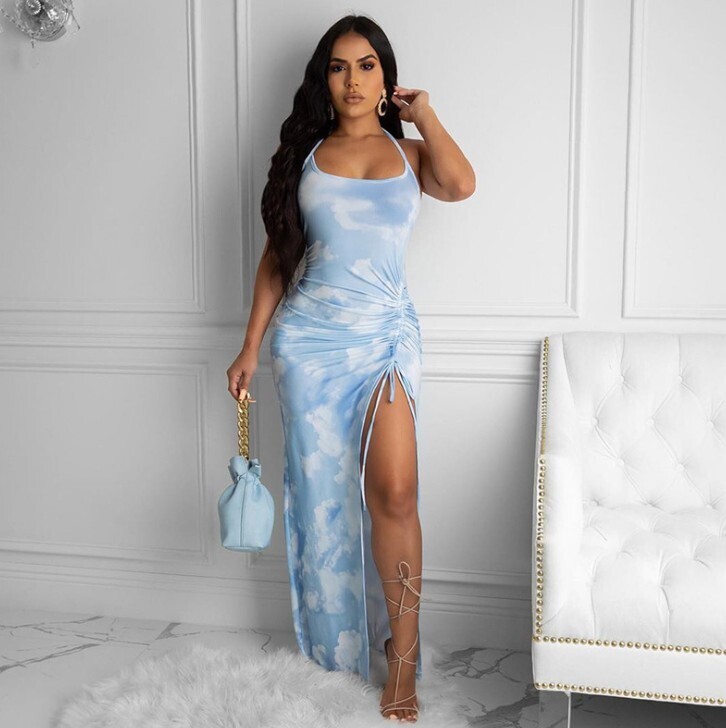 Tie-Dye Slit Sexy Pleated Drawstring Halter Dress