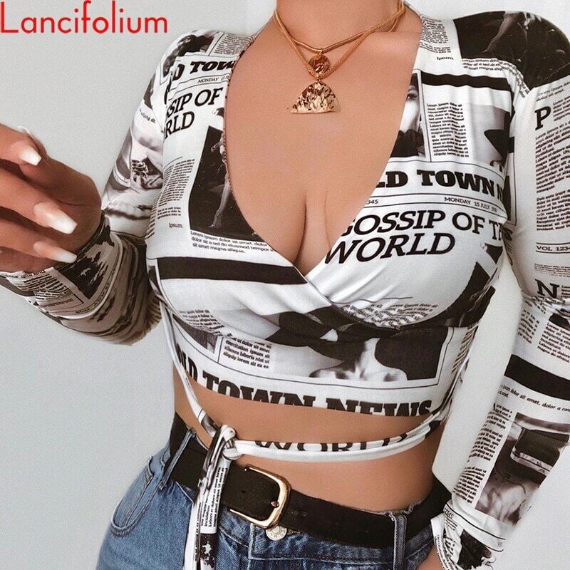 Sexy Tie Front Wrap V Neck Crop Top Long Sleeve Magazine