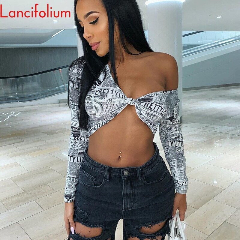 Sexy Tie Front Wrap V Neck Crop Top Long Sleeve Magazine