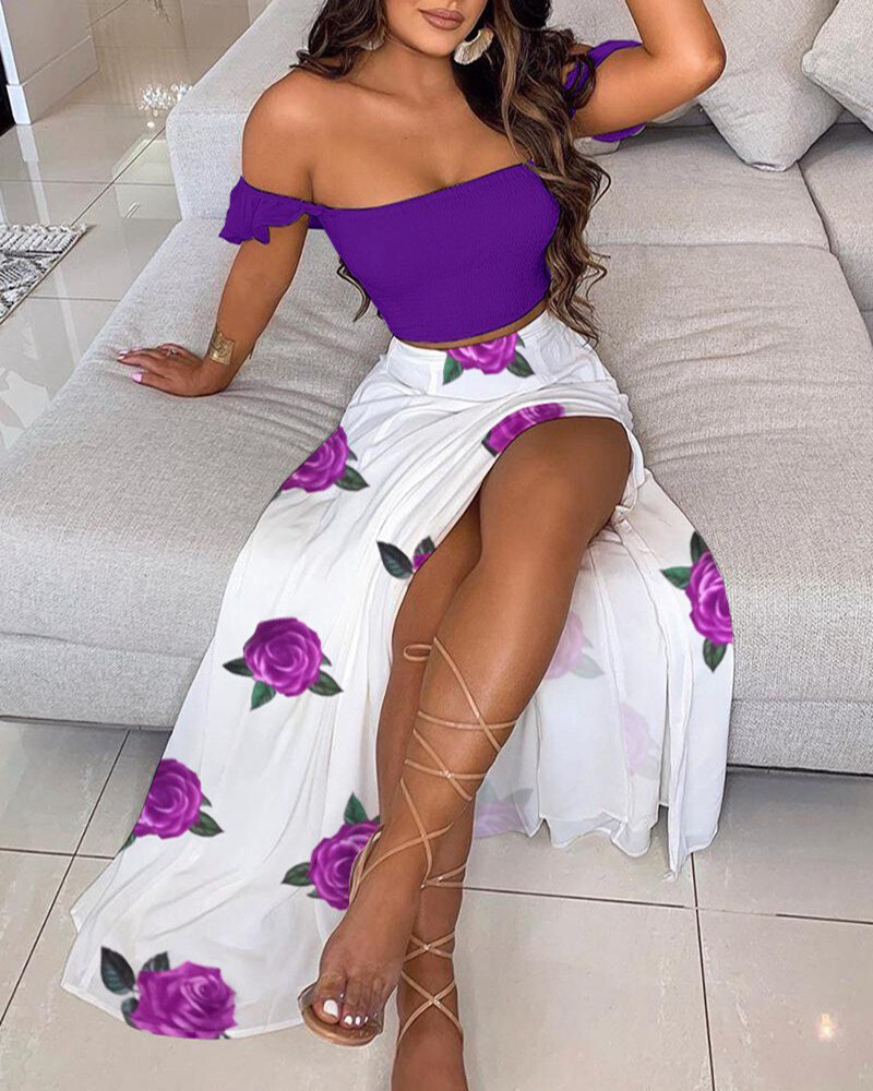 Slim French Bohemian Print Mid-length Retro Tube Top Suit 